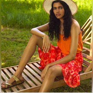 Anthropologie | Danielle Duer Flirty Tiered Coral Mini Skirt in Ella Ikat Print